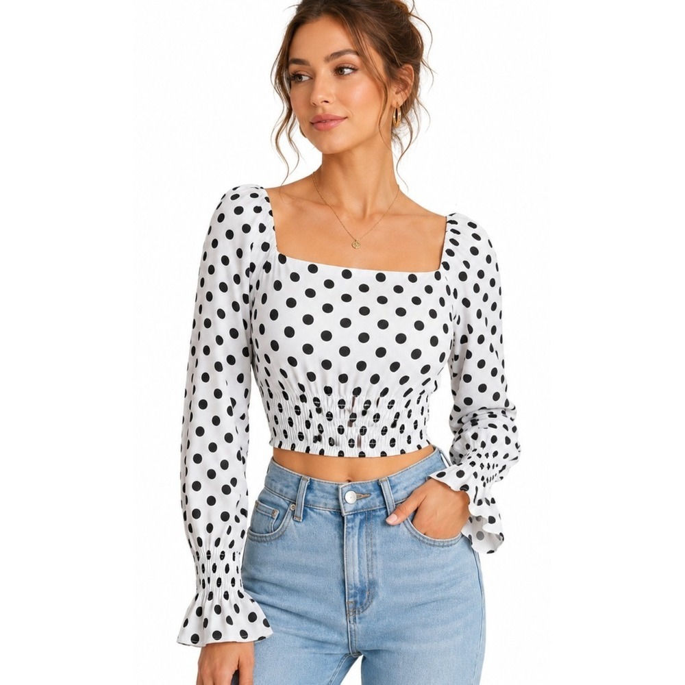 Blue Blush Womens Polka Dot Square Neck Crop Top SZ S Puff Sleeve Smocked Paris